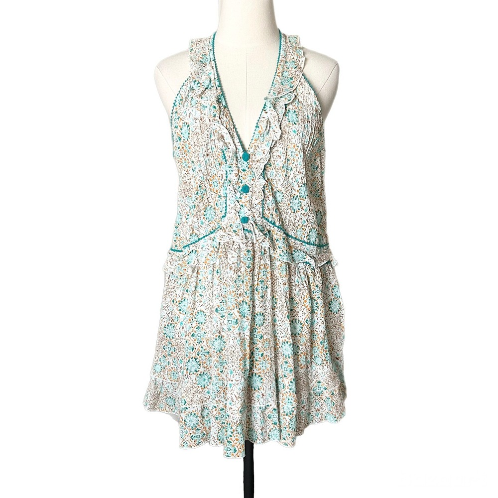 Poupette St Barth Mae Floral Eyelet Ruffle Mini Dress Aqua Ceramique Size Medium